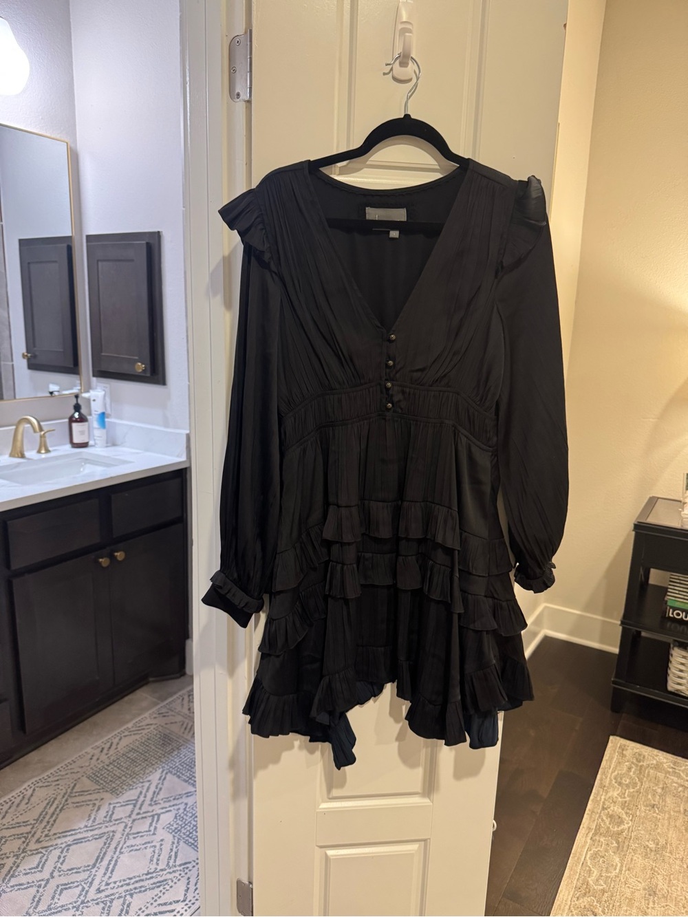 Anthropologie Black Ruffled V-Neck Long Sleeve Mini Dress